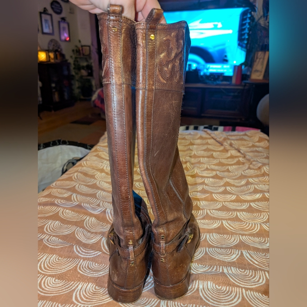 Tory Burch Women's Coconut Brown Leather MARLENE Riding Boot Sz 7.5 M Logo - Picture 11 of 15
